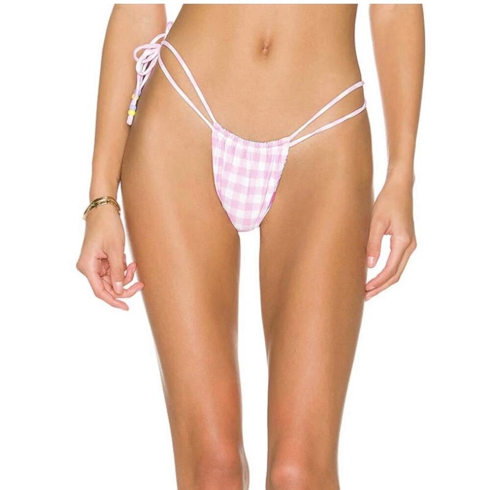 VDM Reversible Cheeky Brazilian Gingham Pink White Teal Beaded Side Tie XL